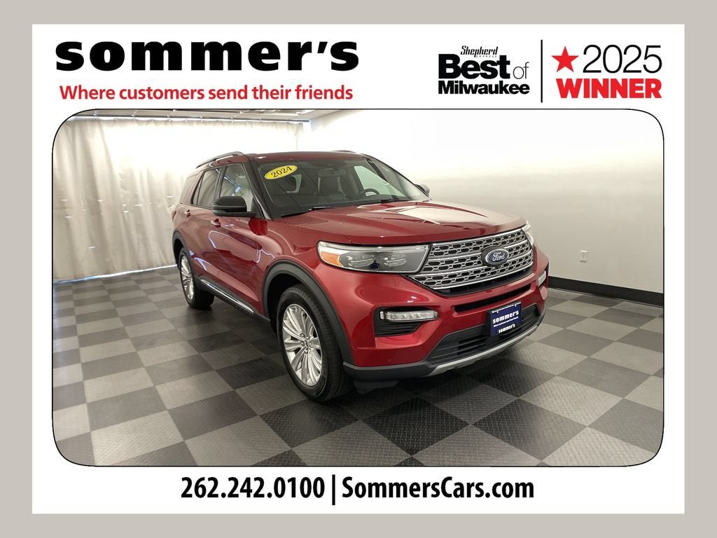 2024 Ford Explorer Limited in Rapid Red — front three-quarter view