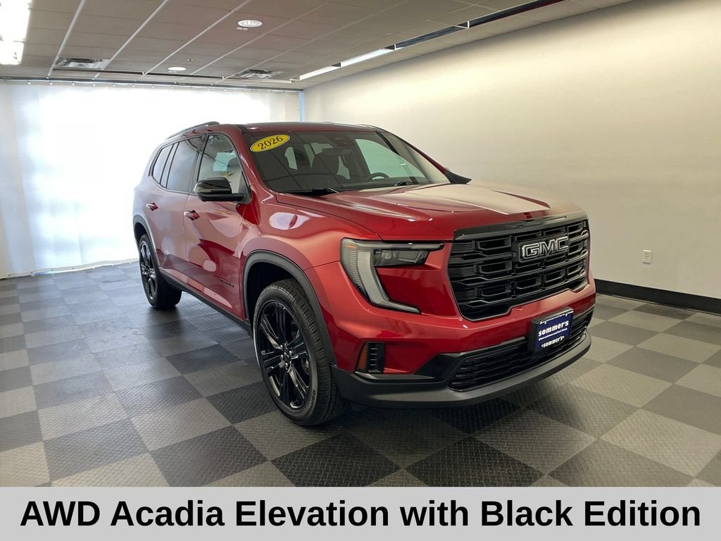 2026 GMC Acadia Elevation in Volcanic Red Tintcoat — front three-quarter view