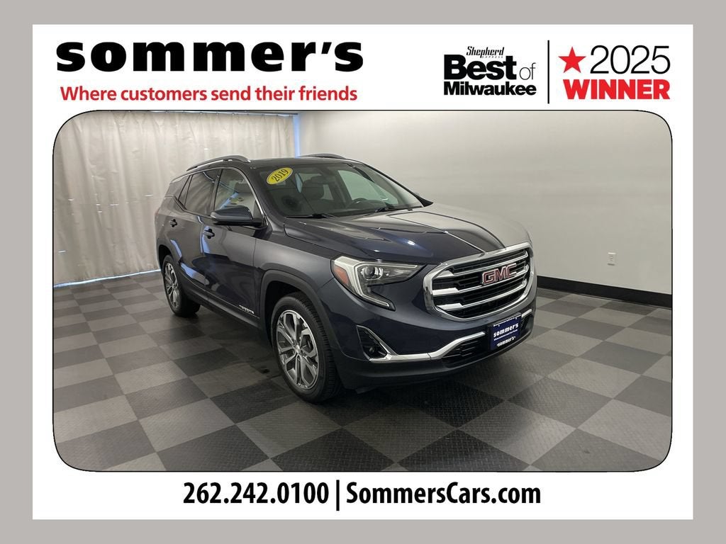 2019 GMC Terrain SLT in Blue Steel Metallic — front three-quarter view