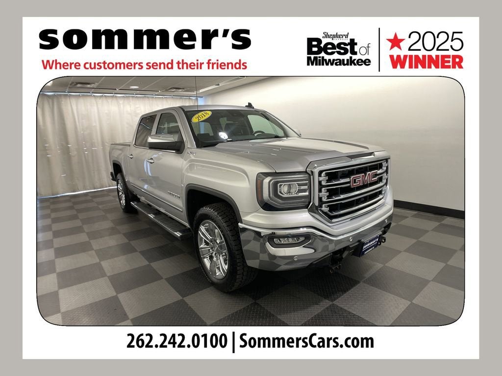 2018 GMC Sierra 1500 SLT in Quicksilver Metallic — front three-quarter view