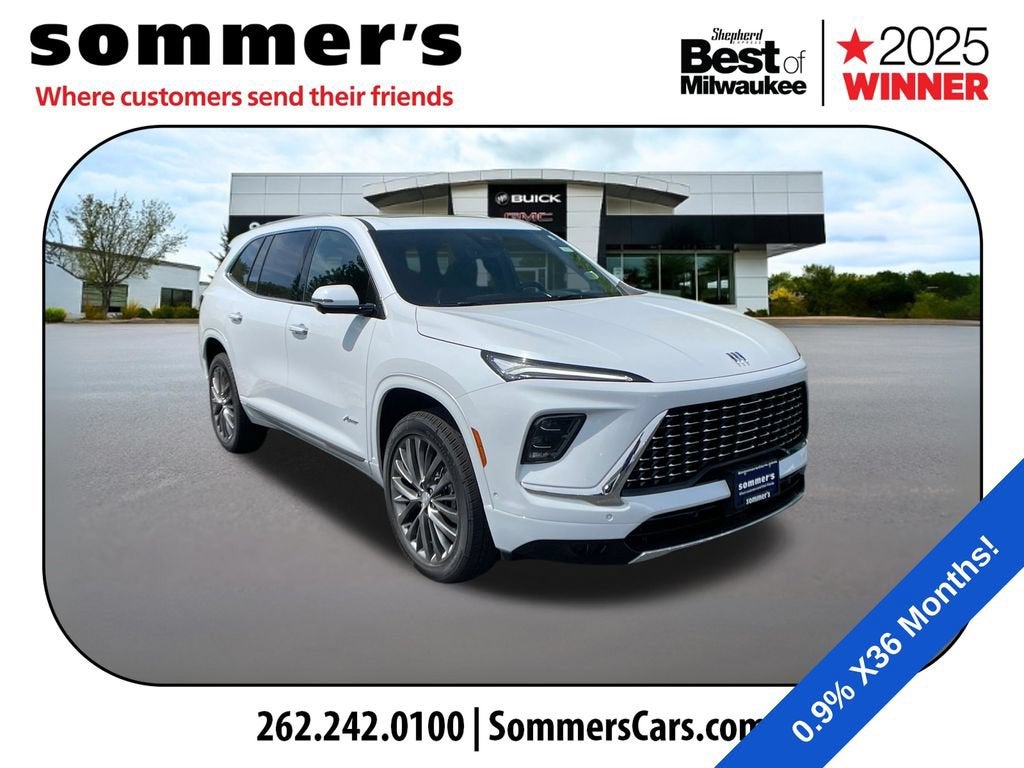 2026 Buick Enclave Avenir in Iridescent White Tricoat — front three-quarter view