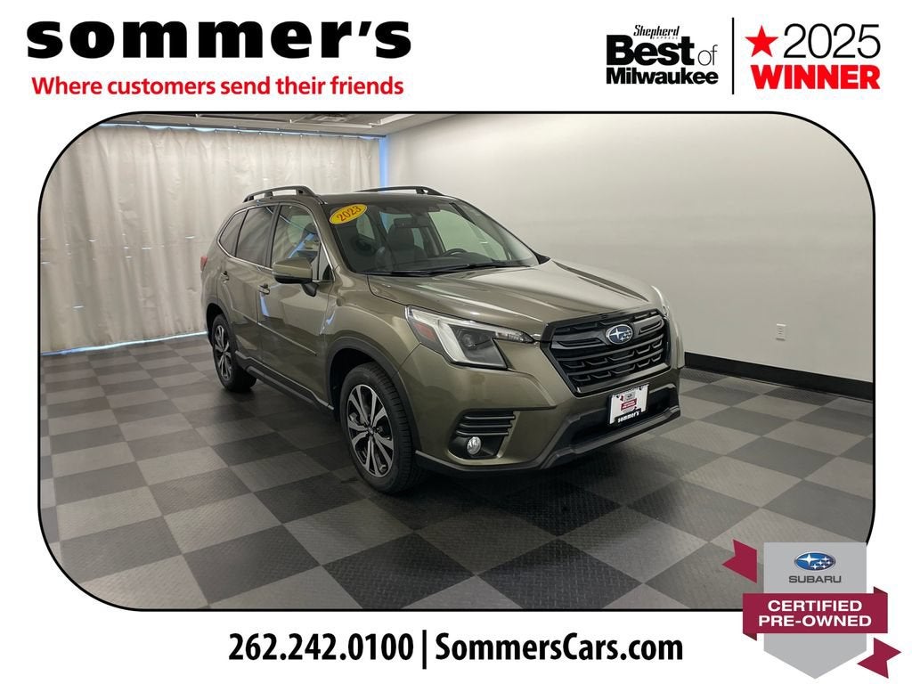 2023 Subaru Forester Limited in Green — front three-quarter view