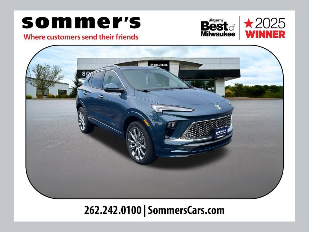 2026 Buick Encore GX Avenir in Ocean Blue Metallic — front three-quarter view